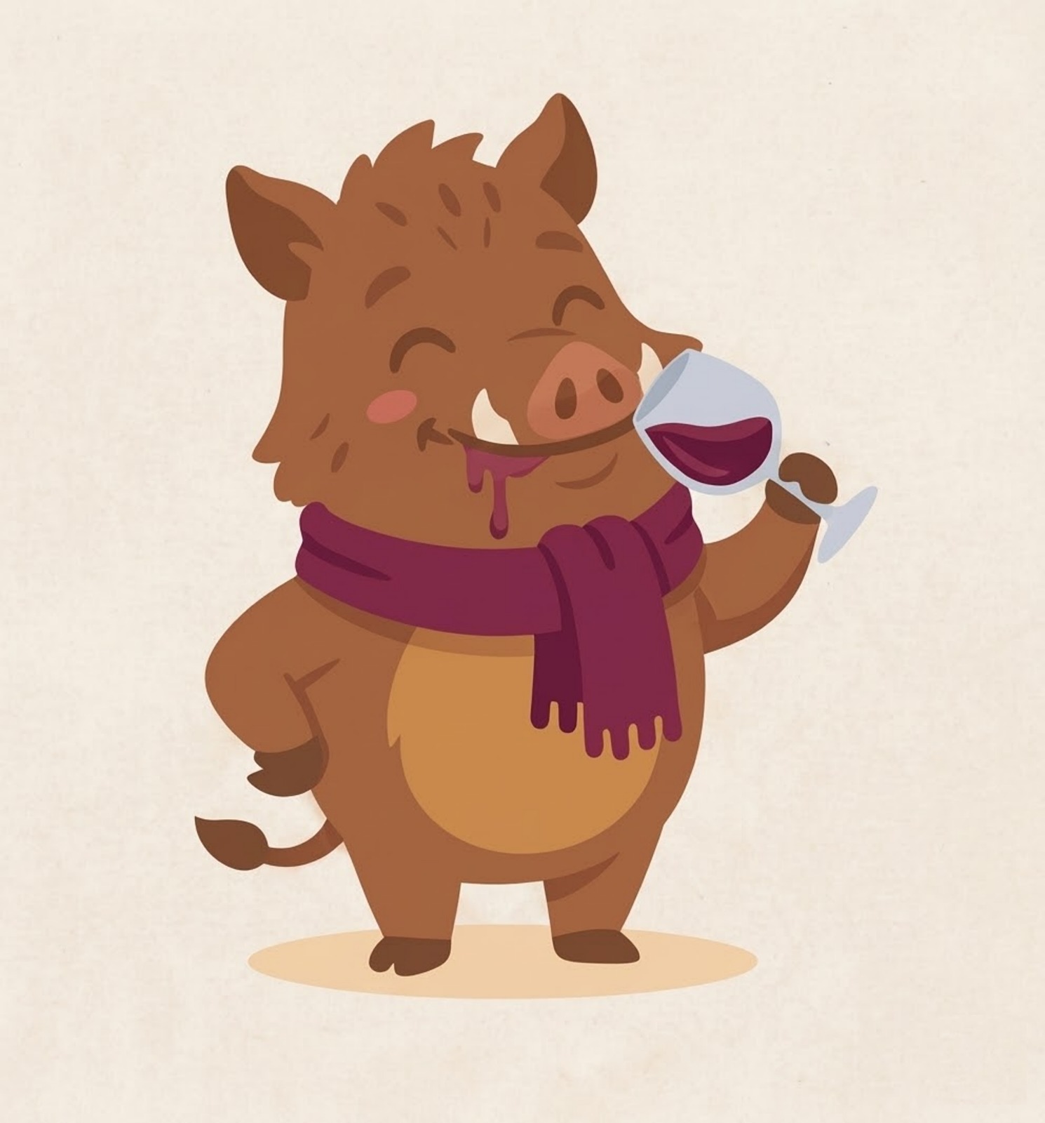 A cheerful cartoon boar drinking red wine.